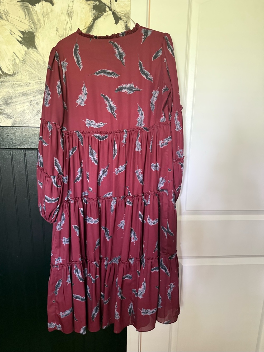 Dainty Jewells Burgundy Feather Print Tiered Midi Dress - Picture 2 of 3